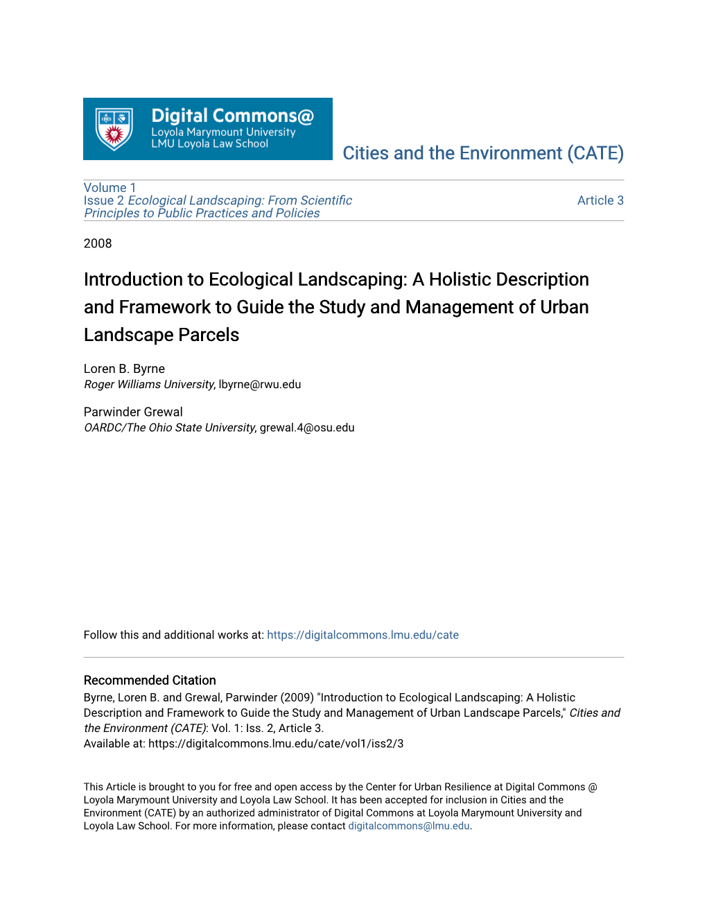 Introduction to Ecological Landscaping: a Holistic Description and Framework to Guide the Study and Management of Urban Landscape Parcels
