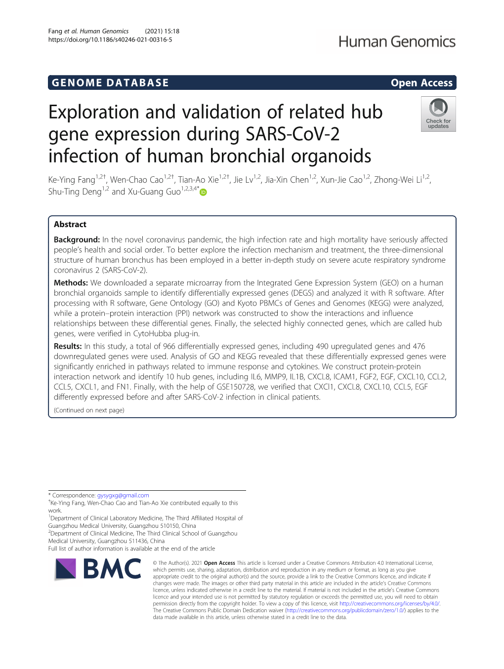 Exploration and Validation of Related Hub Gene Expression During SARS-Cov-2 Infection of Human Bronchial Organoids