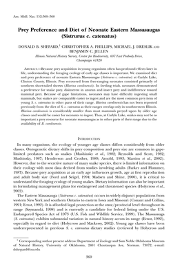 Prey Preference and Diet of Neonate Eastern Massasaugas (Sistrurus C