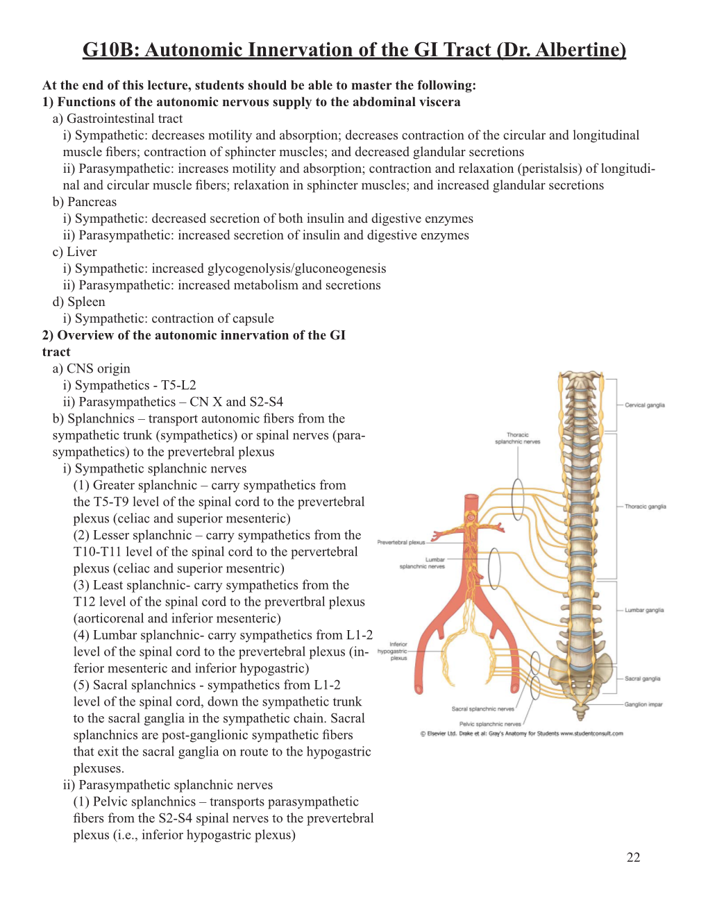 G10B: Autonomic Innervation of the GI Tract (Dr. Albertine)