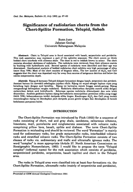 Significance of Radiolarian' Cherts from the Chert-Spilite Formation, Telupid, Sabah