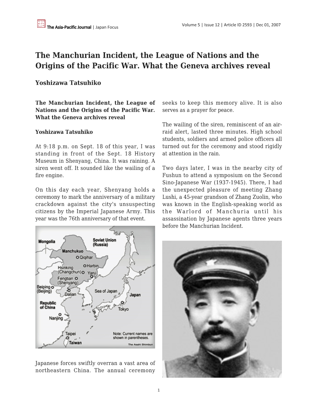 The Manchurian Incident, the League of Nations and the Origins of the Pacific War. What the Geneva Archives Reveal