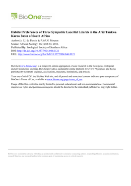 Habitat Preferences of Three Sympatric Lacertid Lizards in the Arid Tankwa Karoo Basin of South Africa Author(S): I.J