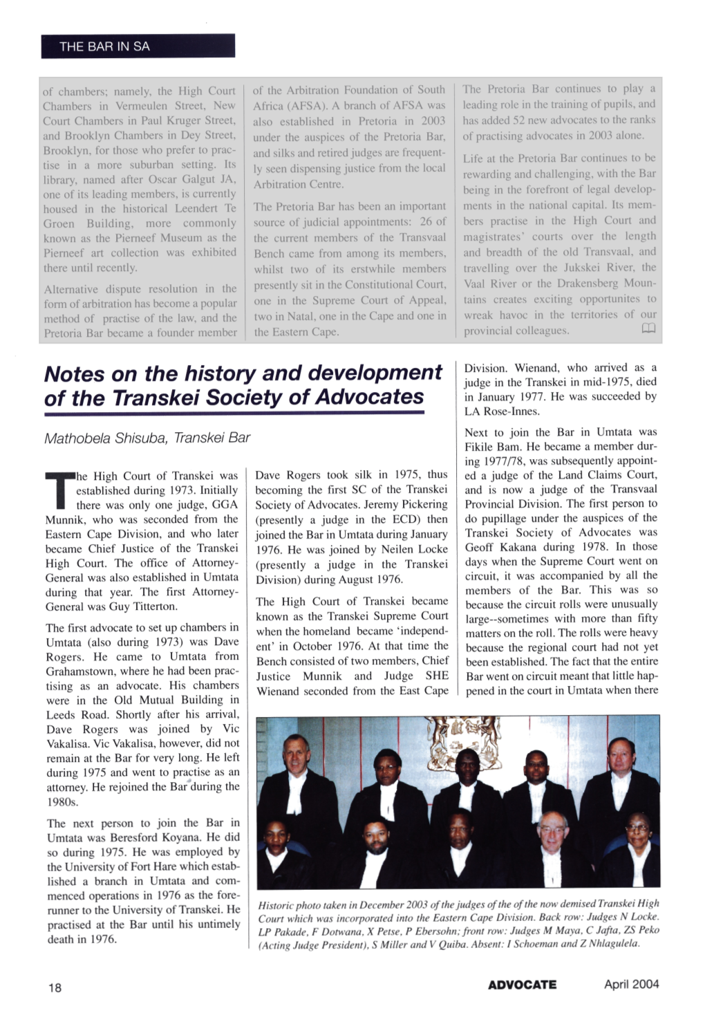 Notes on the History and Development of the Transkei Society Ofadvocates M