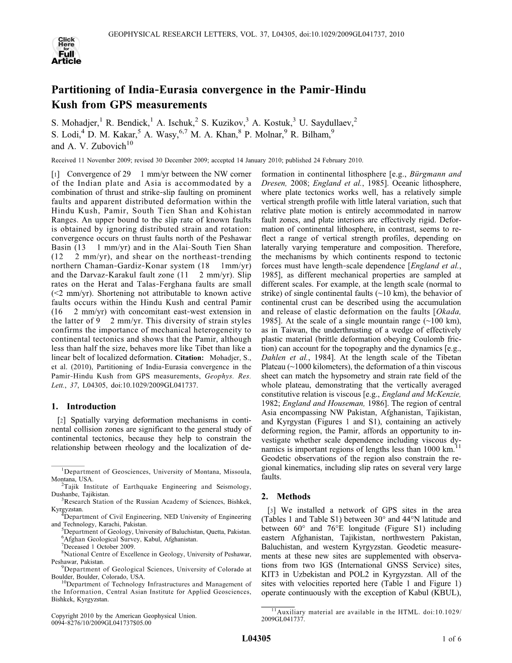 Partitioning of India‐Eurasia Convergence in the Pamir‐Hindu Kush from GPS Measurements S