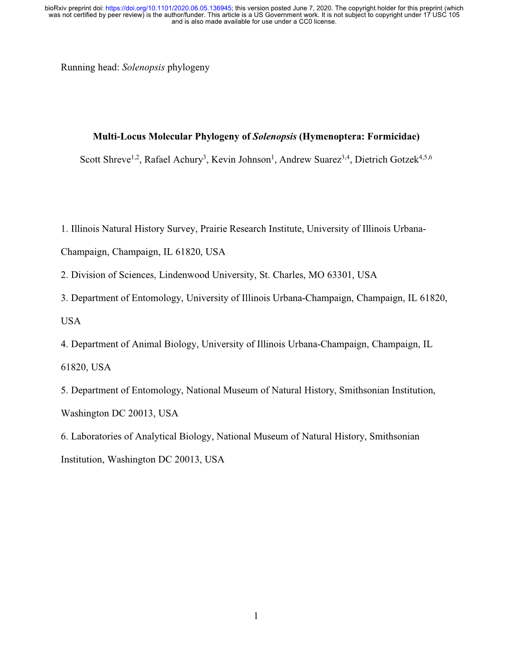 Multi-Locus Molecular Phylogeny of Solenopsis (Hymenoptera: Formicidae)