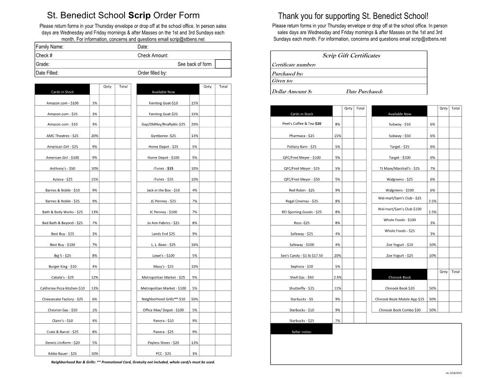 St. Benedict School Scrip Order Form Thank You for Supporting St