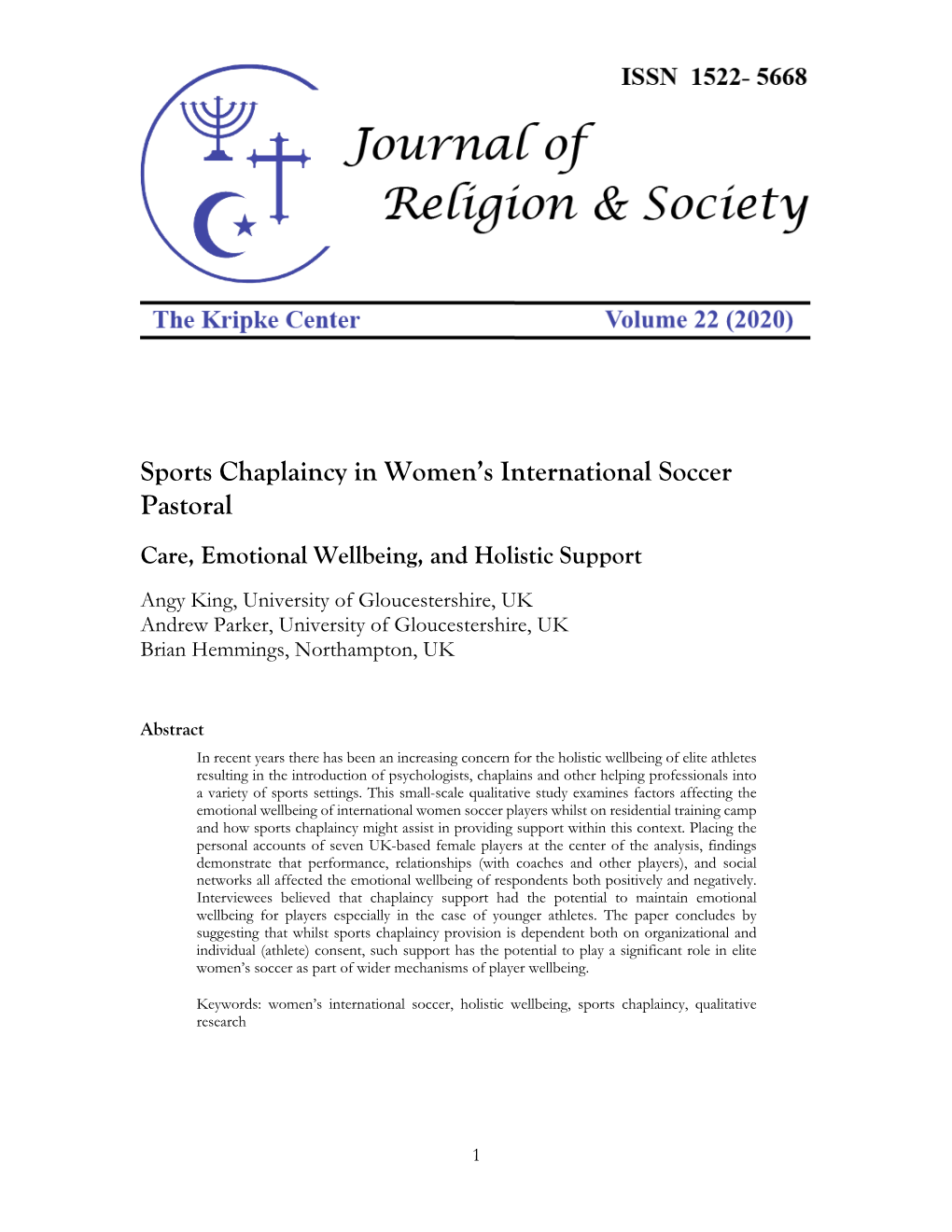 Sports Chaplaincy in Women's International Soccer Pastoral