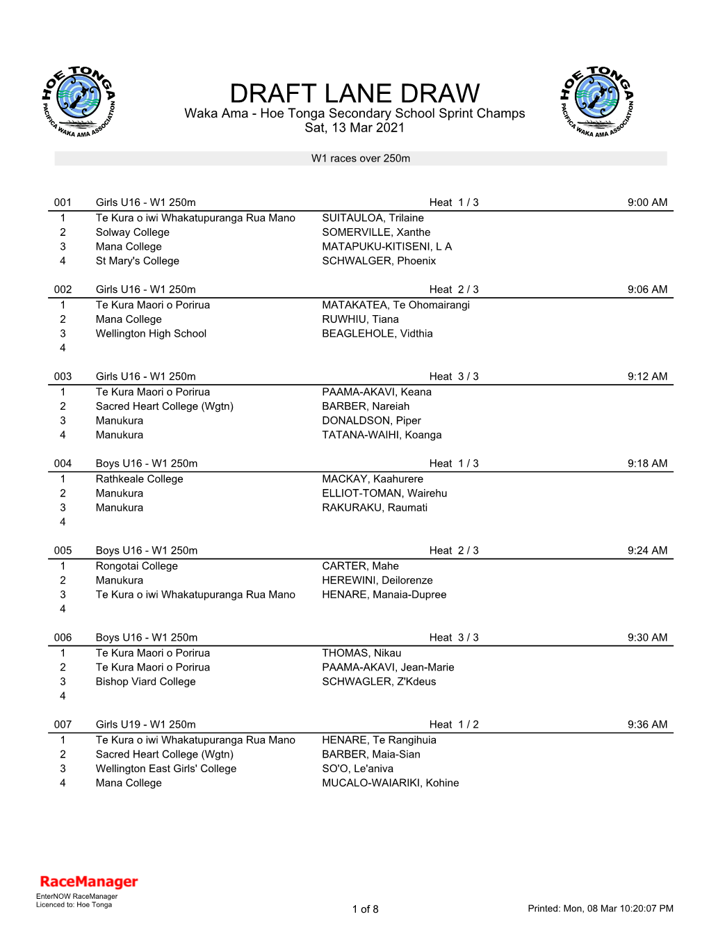 DRAFT LANE DRAW Waka Ama - Hoe Tonga Secondary School Sprint Champs Sat, 13 Mar 2021