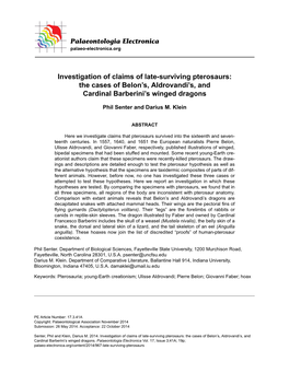 Investigation of Claims of Late-Surviving Pterosaurs: the Cases of Belon’S, Aldrovandi’S, and Cardinal Barberini’S Winged Dragons