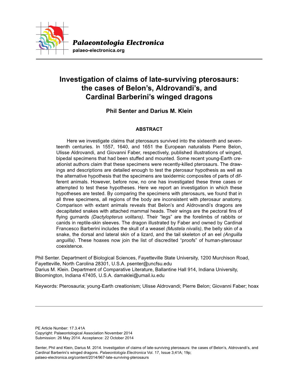 Investigation of Claims of Late-Surviving Pterosaurs: the Cases of Belon’S, Aldrovandi’S, and Cardinal Barberini’S Winged Dragons