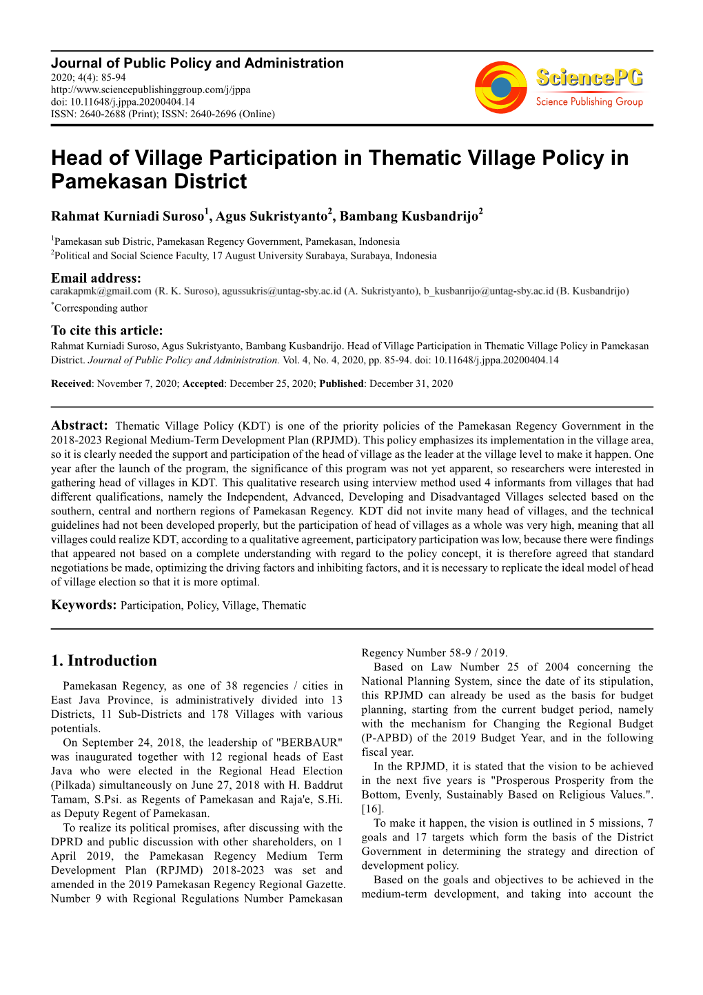 Head of Village Participation in Thematic Village Policy in Pamekasan District