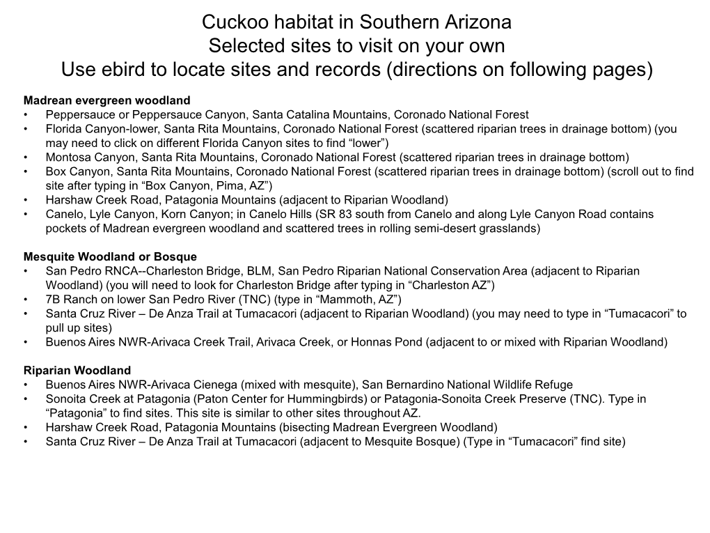 PDF Cuckoo Habitat in Southern Arizona, Selected Sites to Visit On