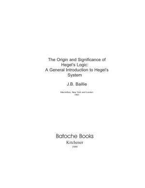 Origin and Significance of Hegel's Logic
