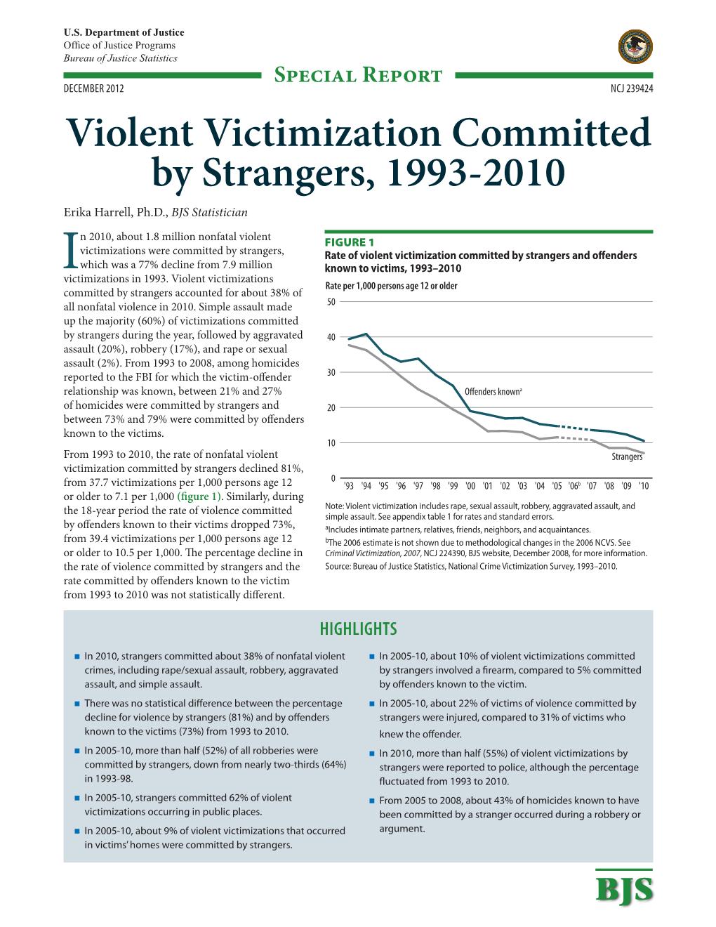 Violent Victimization Committed by Strangers, 1993-2010 Erika Harrell, Ph.D., BJS Statistician