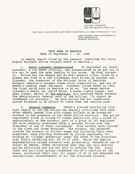 Week of September 3 - 10, 1989 (A Weekly Report Filed by the Lawyers' Committee for Civil Rights Southern Africa Project Staff in Namibia.) 1