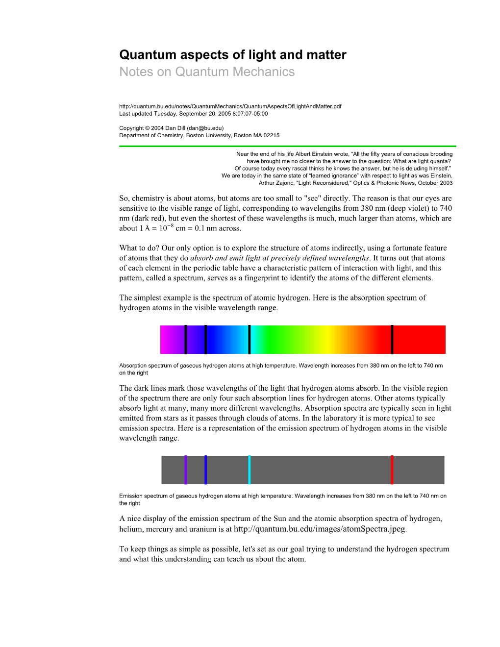 Quantum Aspects of Light and Matter Notes on Quantum Mechanics