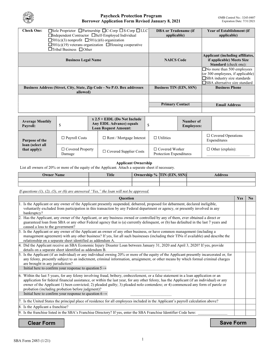 Paycheck Protection Program: Borrower Application Form Revised