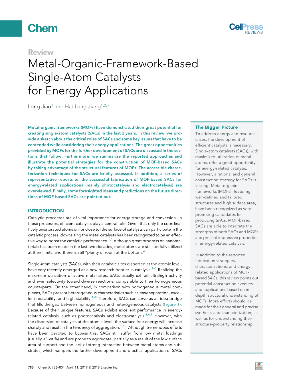 Metal-Organic-Framework-Based Single-Atom Catalysts for Energy Applications
