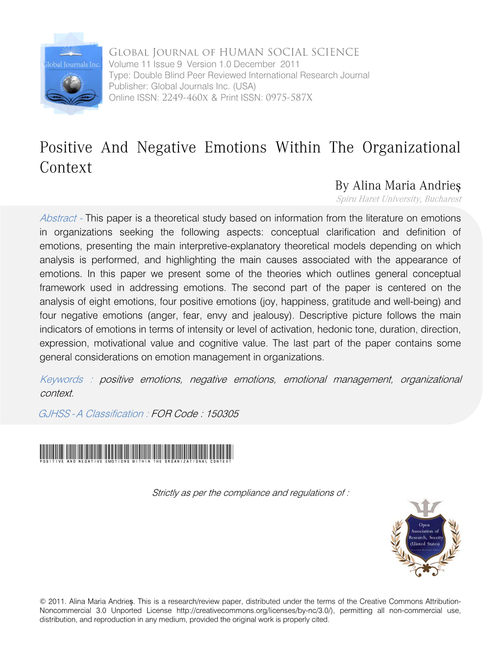 Positive and Negative Emotions Within the Organizational Context by Alina Maria Andrieș Spiru Haret University, Bucharest