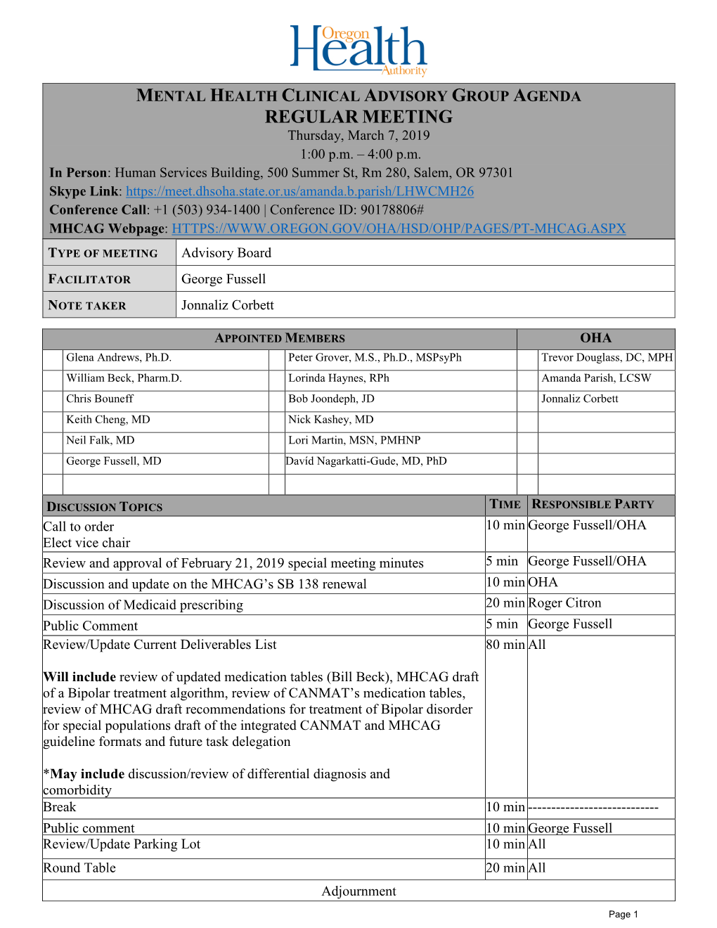 MENTAL HEALTH CLINICAL ADVISORY GROUP AGENDA REGULAR MEETING Thursday, March 7, 2019 1:00 P.M