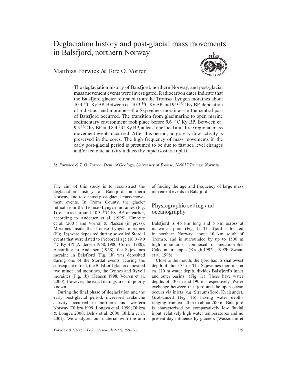 Deglaciation History and Post-Glacial Mass Movements in Balsfjord, Northern Norway