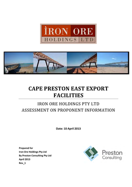 Cape Preston East Export Facilities Iron Ore Holdings Pty Ltd Assessment on Proponent Information