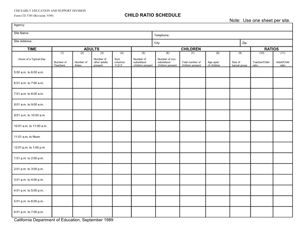 Child Ratio Schedule, Form CD-3705 - Child Development (CA Dept of Education)