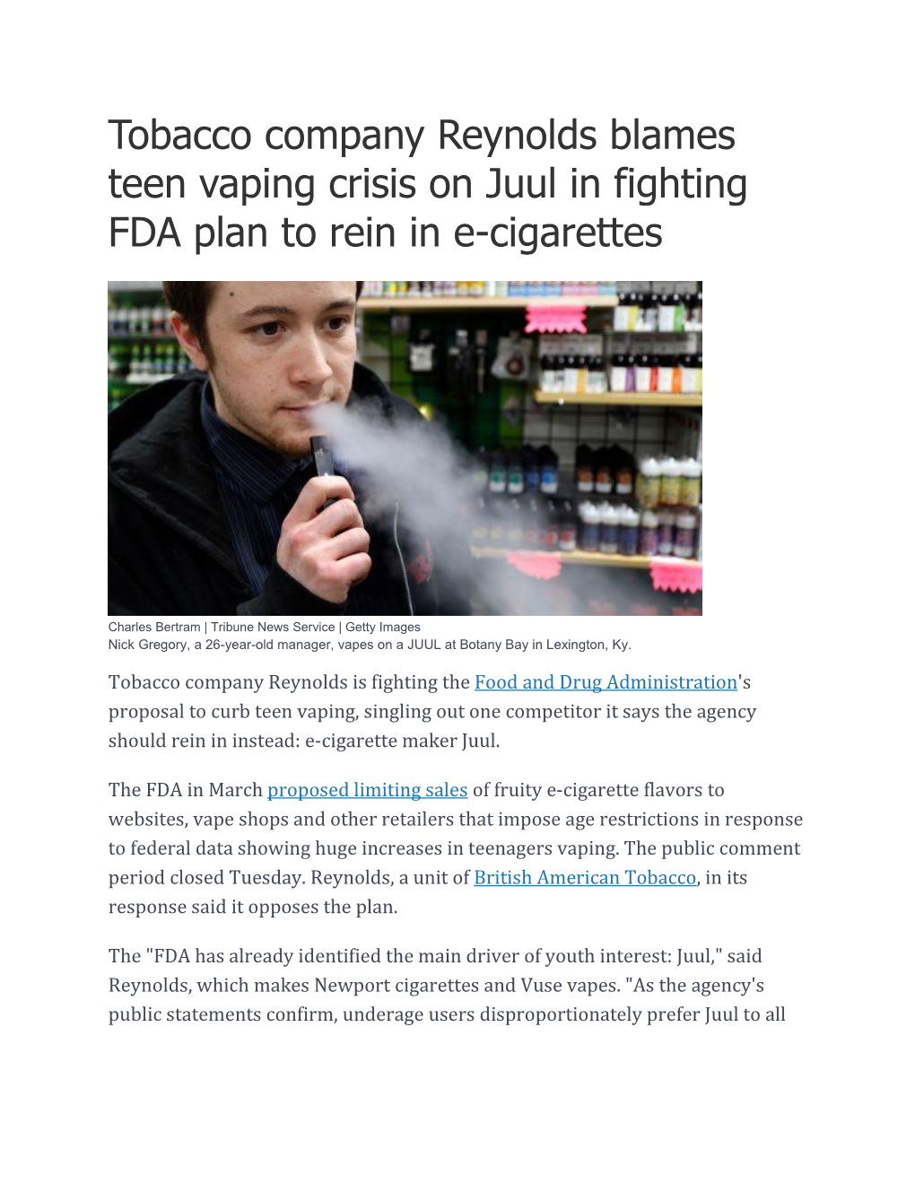 Tobacco Company Reynolds Blames Teen Vaping Crisis on Juul in Fighting FDA Plan to Rein in E-Cigarettes