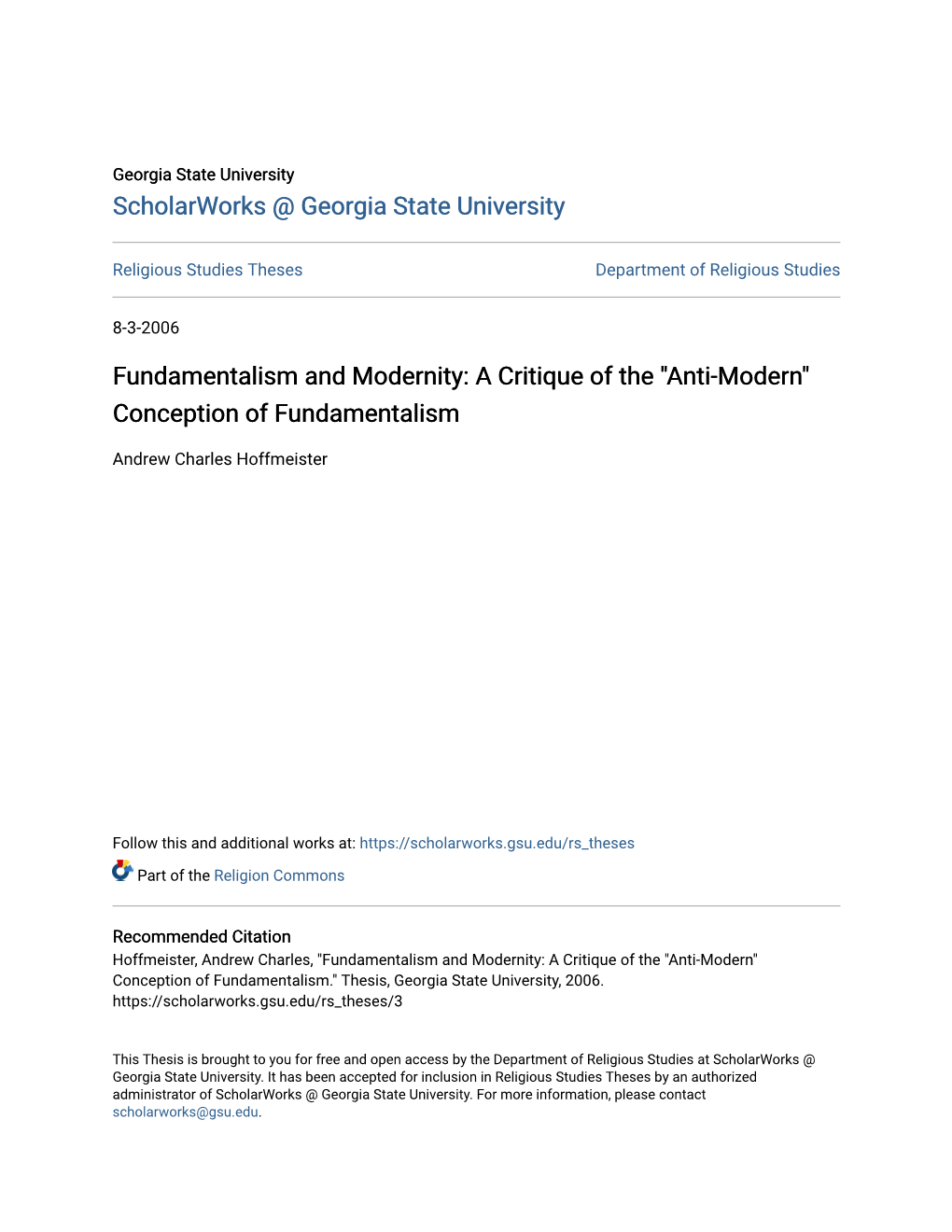 Fundamentalism and Modernity: a Critique of the "Anti-Modern" Conception of Fundamentalism