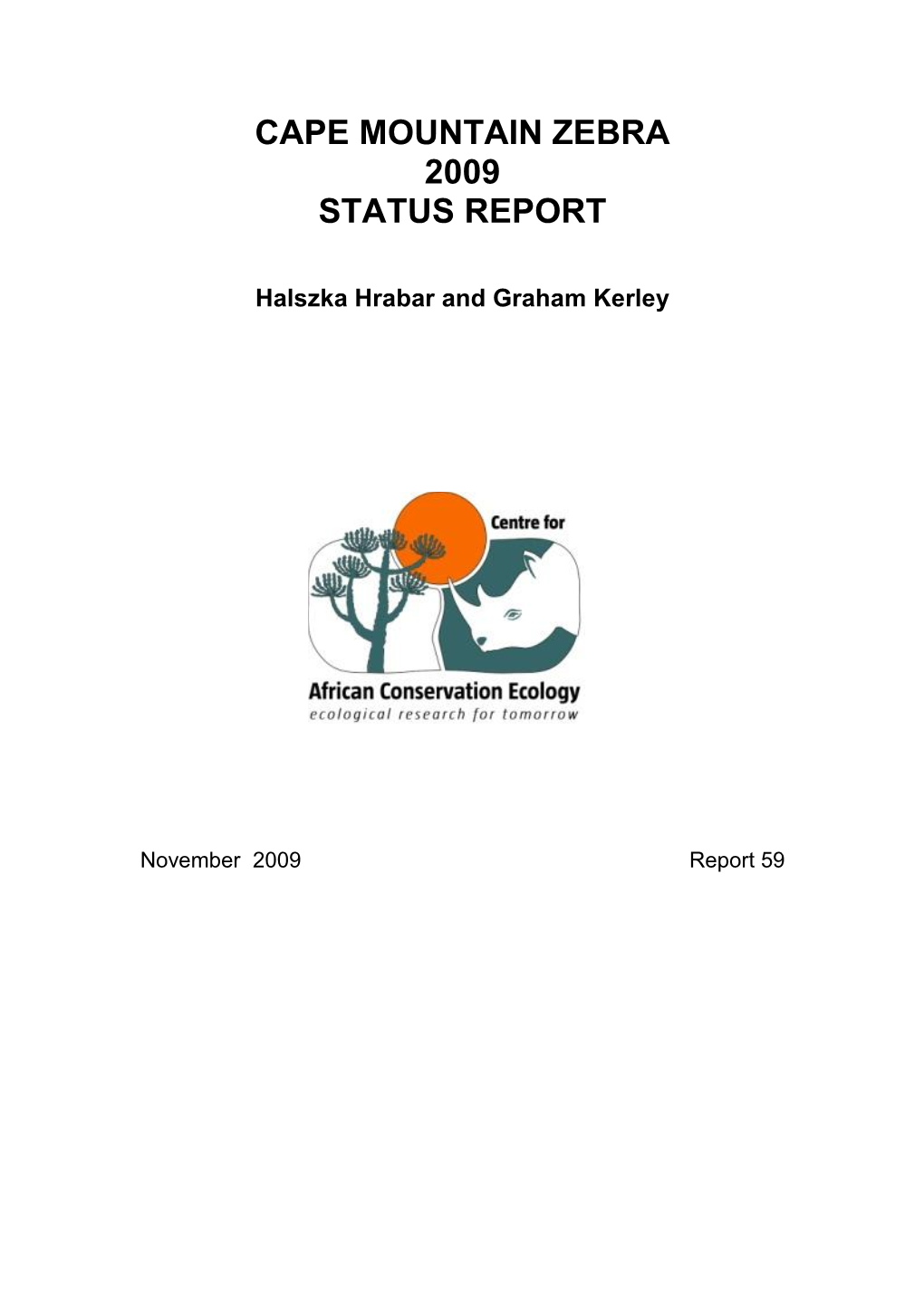 Cape Mountain Zebra 2009 Status Report