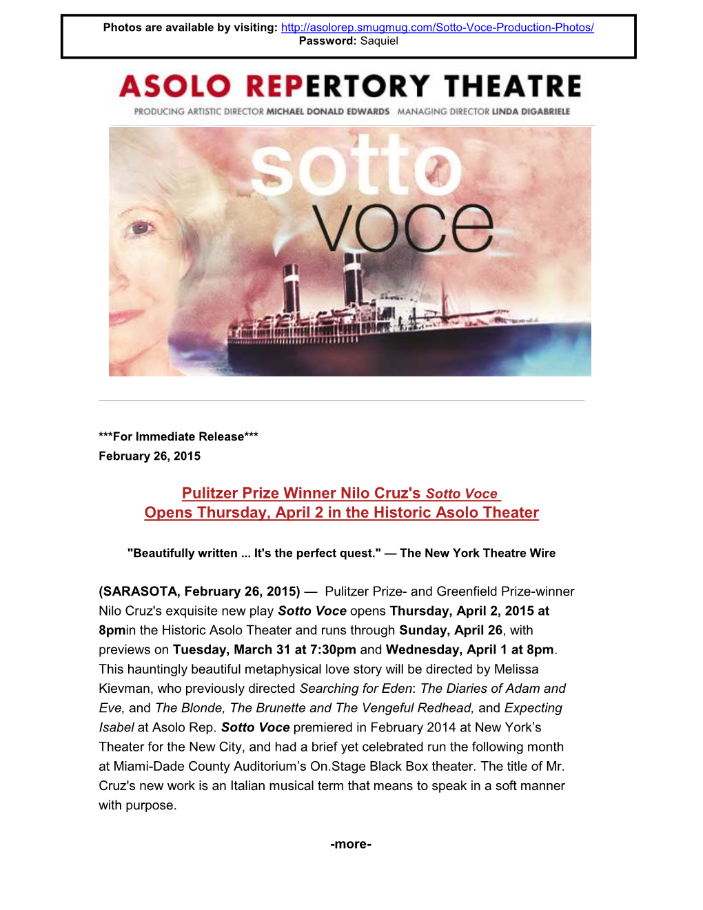 Pulitzer Prize Winner Nilo Cruz's Sotto Voce Opens Thursday, April 2 in the Historic Asolo Theater