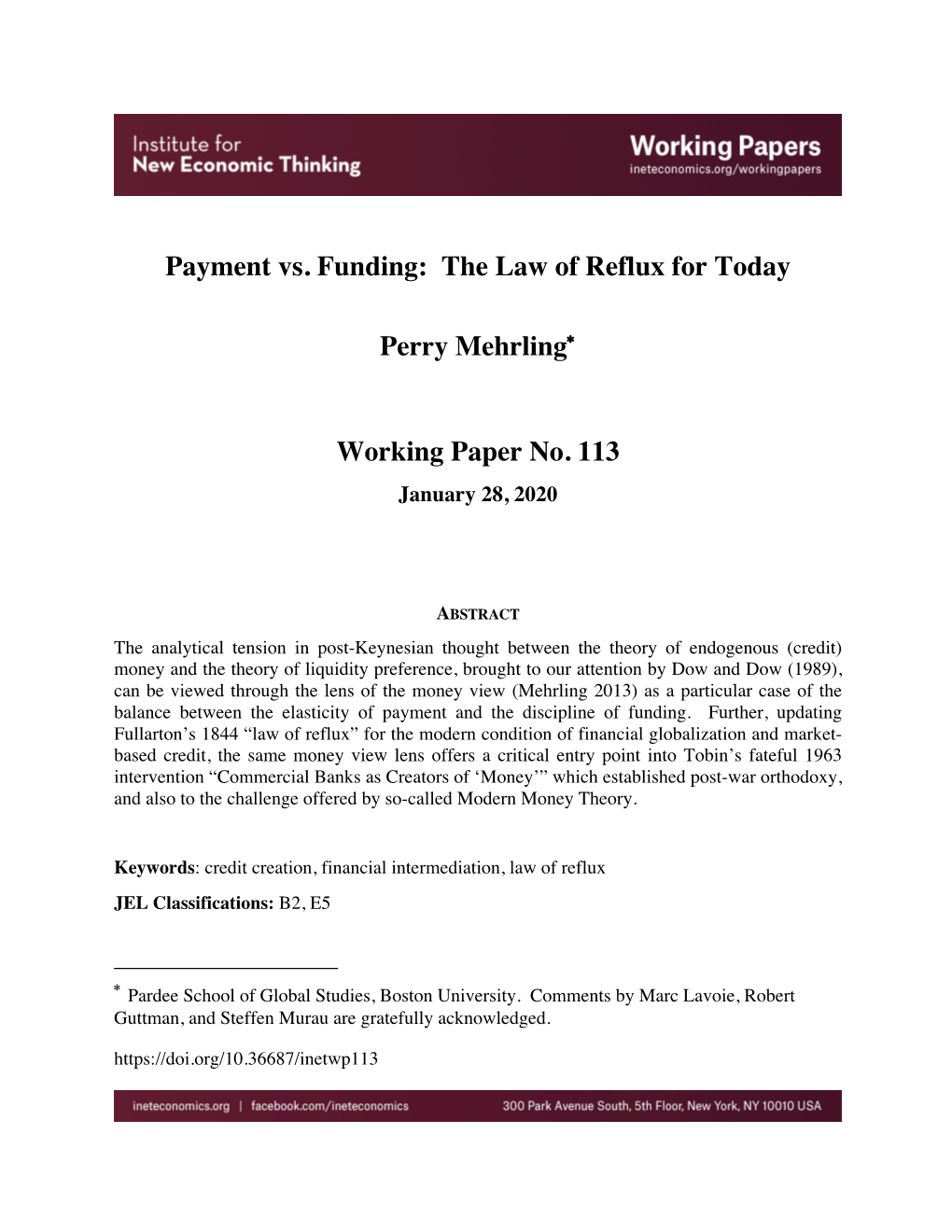 Payment Vs. Funding: the Law of Reflux for Today Perry Mehrling Working Paper No