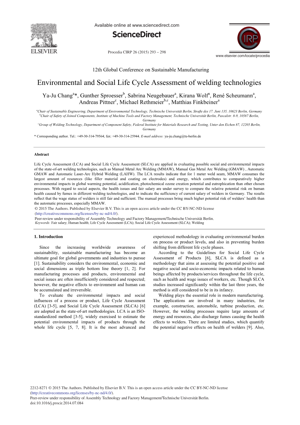 Environmental and Social Life Cycle Assessment of Welding Technologies