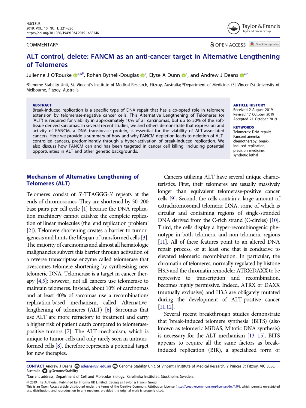 FANCM As an Anti-Cancer Target in Alternative Lengthening of Telomeres