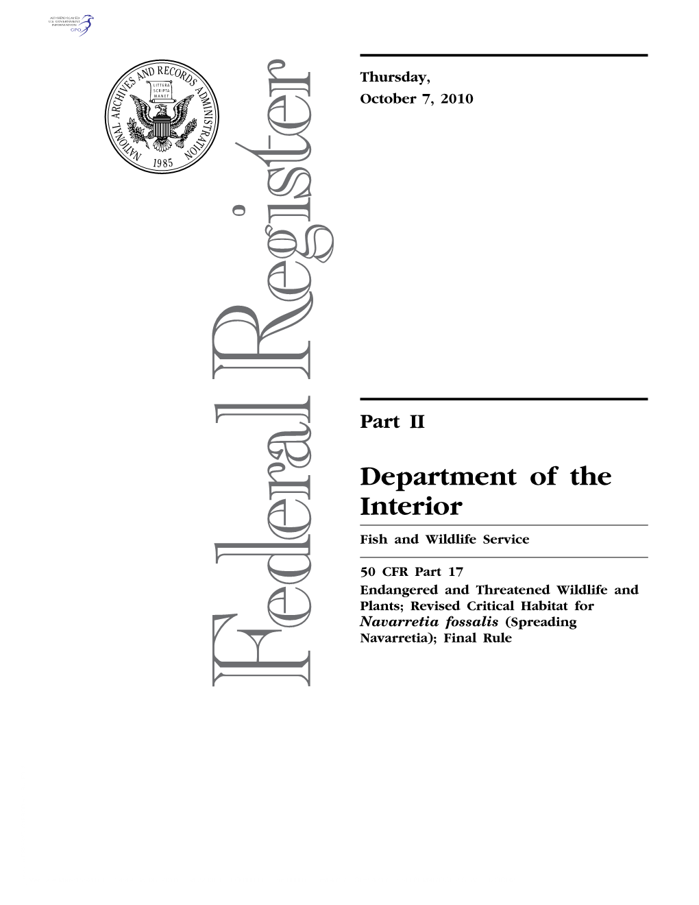 Revised Critical Habitat for Navarretia Fossalis (Spreading Navarretia); Final Rule