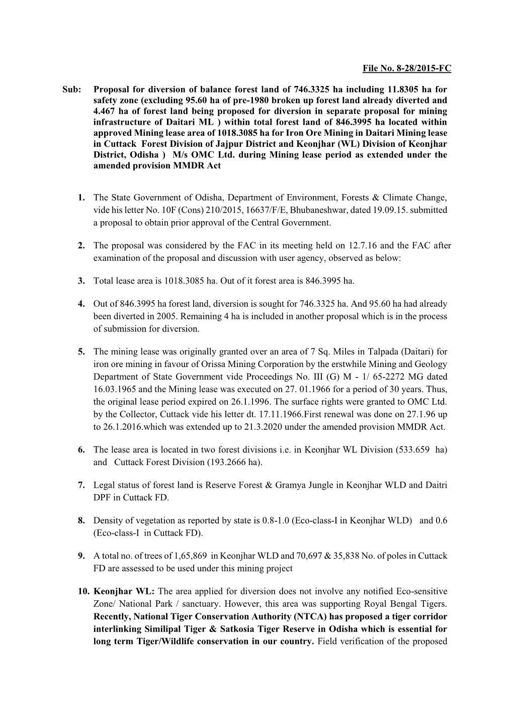 File No. 8-28/2015-FC Sub: Proposal for Diversion of Balance Forest Land