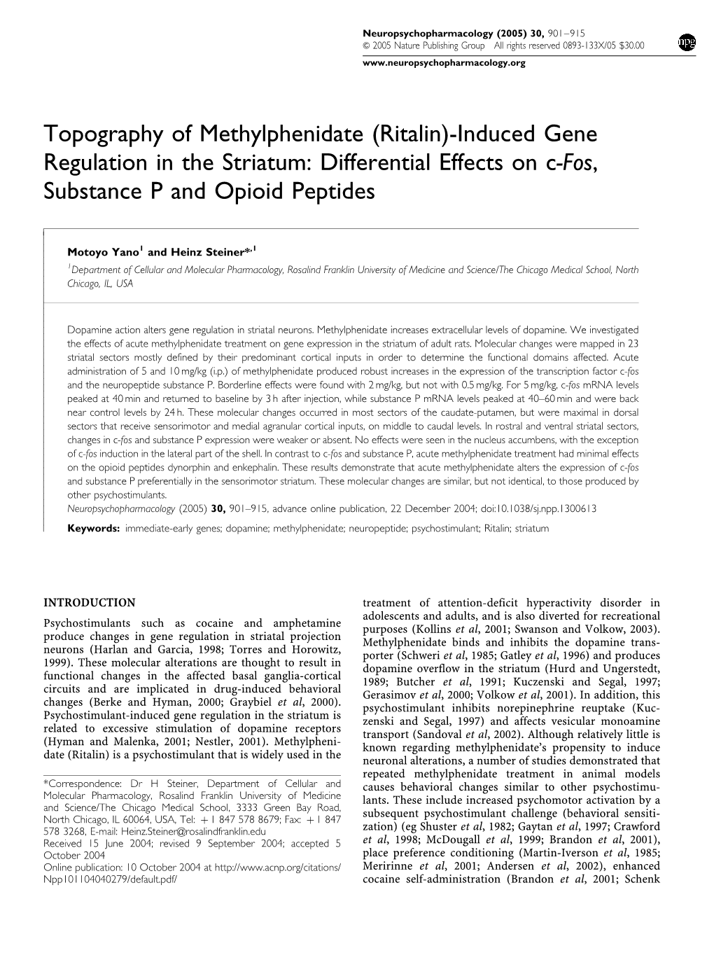 (Ritalin)-Induced Gene Regulation in the Striatum: Differential Effects on C-Fos, Substance P and Opioid Peptides