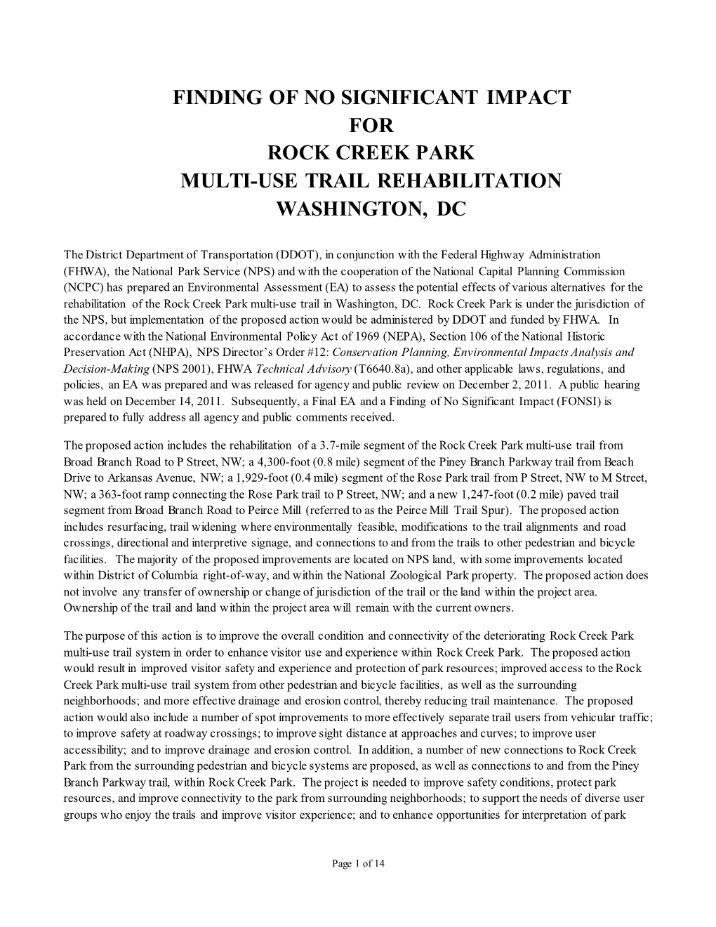 Finding of No Significant Impact for Rock Creek Park Multi-Use Trail Rehabilitation Washington, Dc