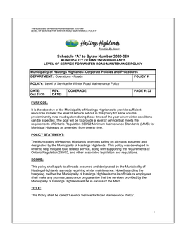 Bylaw 2020-069 LEVEL of SERVICE for WINTER ROAD MAINTENANCE POLICY