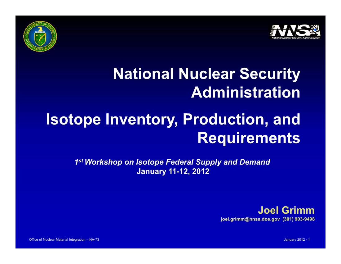 NNSA Programmatic Isotope Supply and Demand
