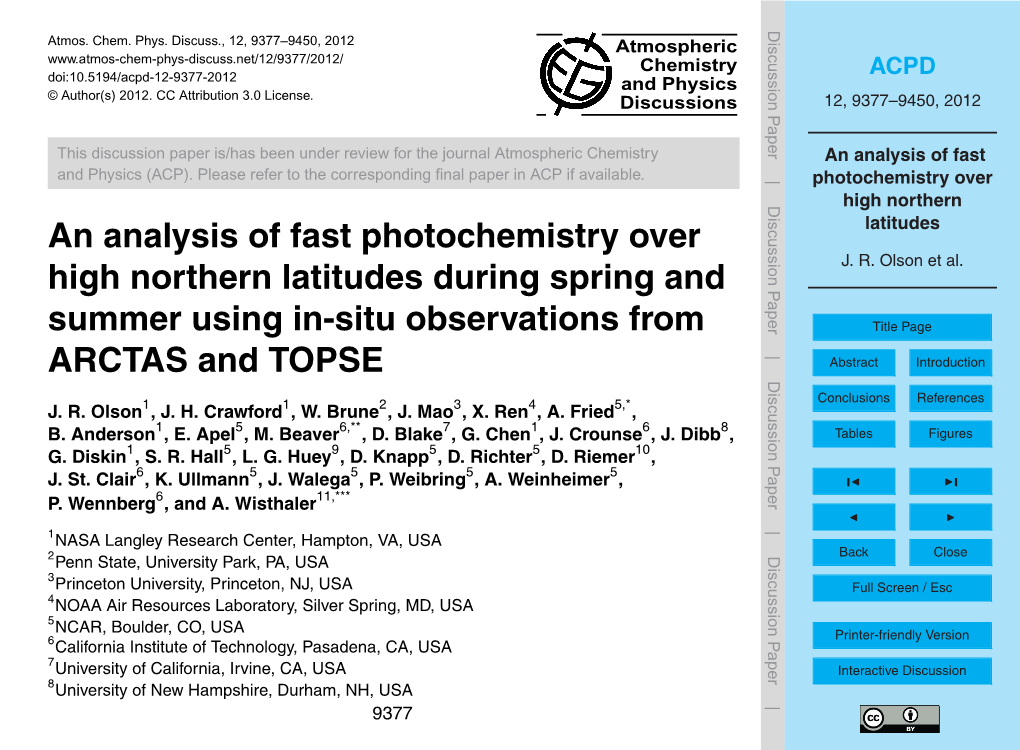 An Analysis of Fast Photochemistry Over High Northern Latitudes