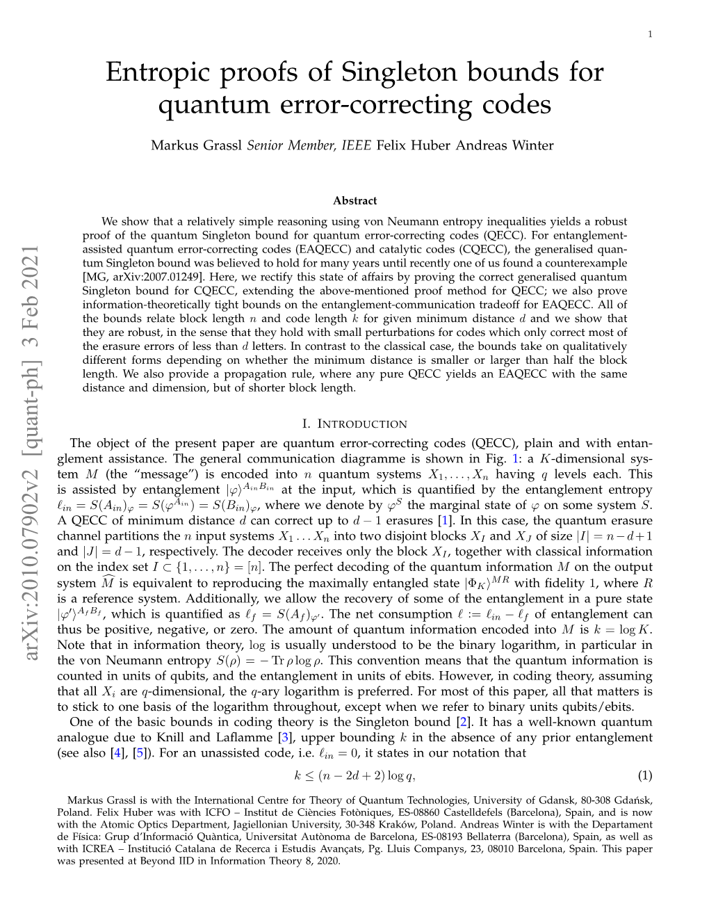 Entropic Proofs of Singleton Bounds for Quantum Error-Correcting Codes