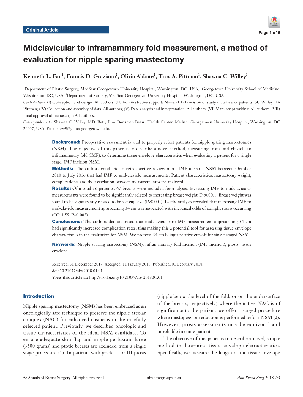 Midclavicular to Inframammary Fold Measurement, a Method of Evaluation for Nipple Sparing Mastectomy