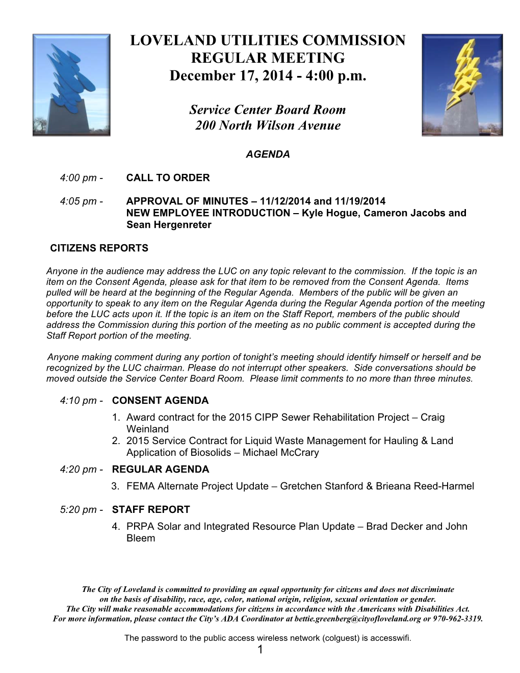 LOVELAND UTILITIES COMMISSION REGULAR MEETING December 17, 2014 - 4:00 P.M