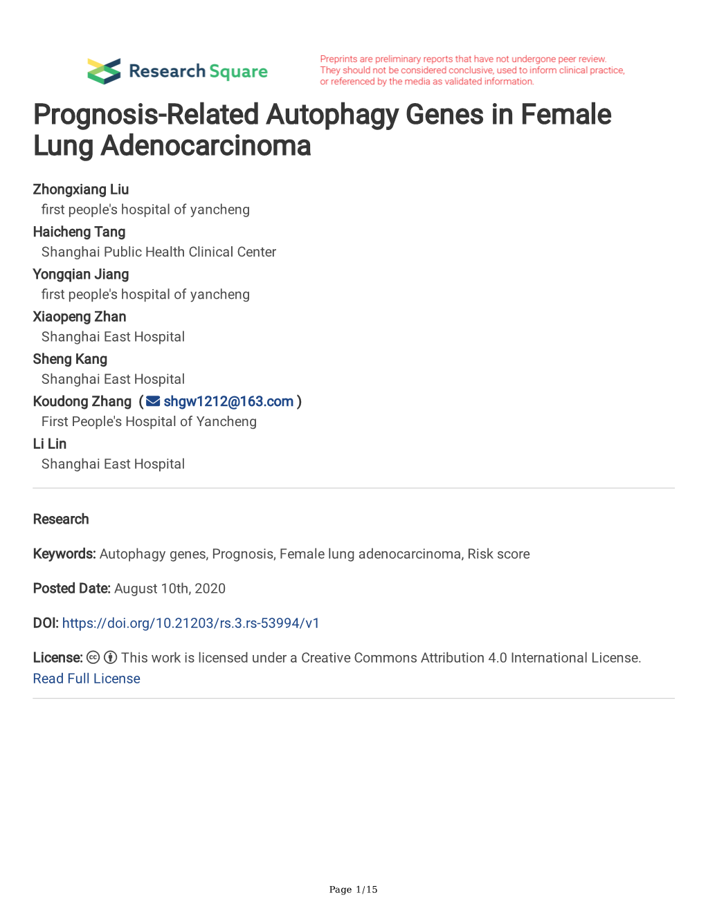 Prognosis-Related Autophagy Genes in Female Lung Adenocarcinoma