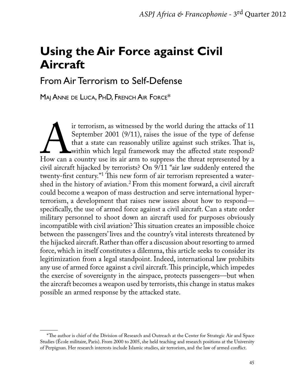 Using the Air Force Against Civil Aircraft from Air Terrorism to Self-Defense