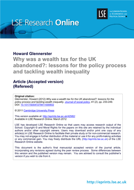Why Was a Wealth Tax for the UK Abandoned?: Lessons for the Policy Process and Tackling Wealth Inequality