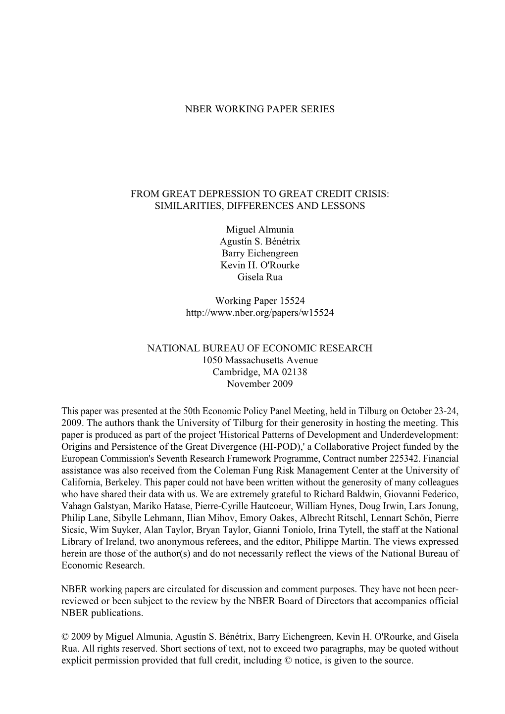 Nber Working Paper Series from Great Depression To