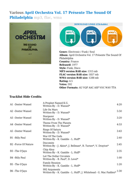 Various April Orchestra Vol. 17 Présente the Sound of Philadelphia Mp3, Flac, Wma